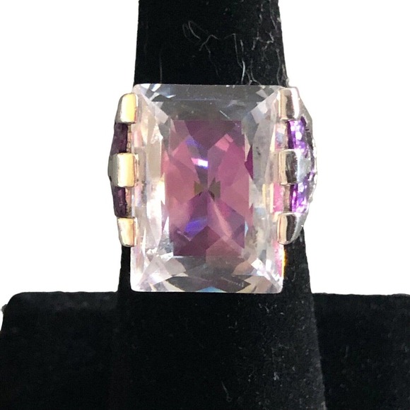 18K Gold E Purple Cubic Zirconia 2 tone silver Statement Ring Size 7.5 16gram - Picture 10 of 16